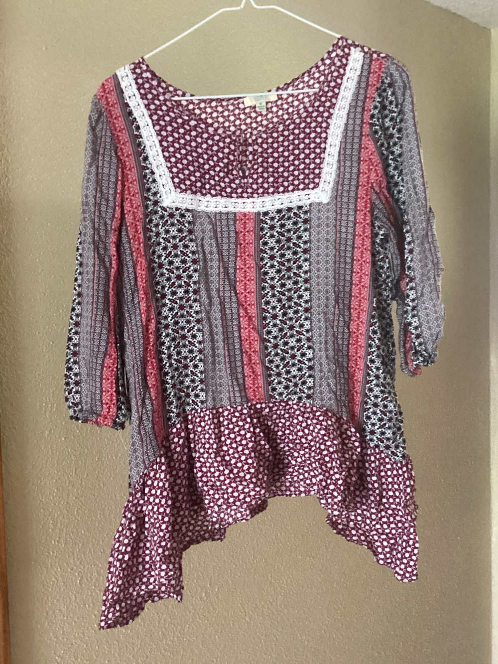 Kori Mixed-Print Boho Tunic in Maroon and Pink